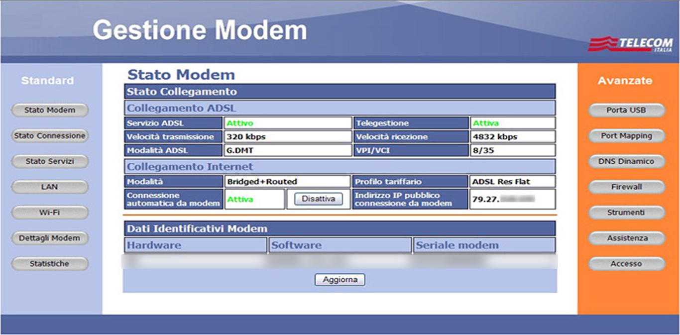 pannello di controllo modem